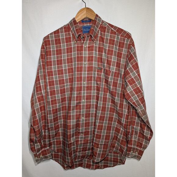 Faconnable Mens Button Up Shirt Sz M Long Sleeve Orange Brown Checked - Picture 1 of 8